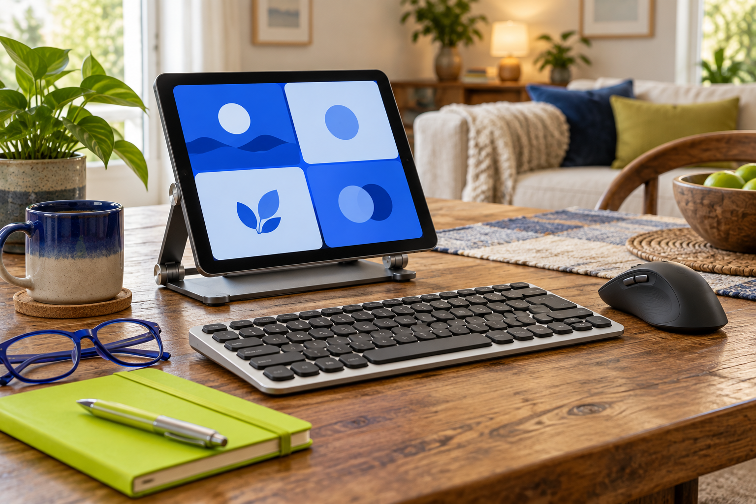 Tablet on an adjustable stand with a keyboard and ergonomic mouse