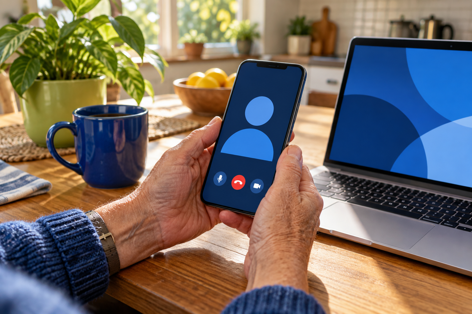 Hands holding a smartphone beside a laptop at home